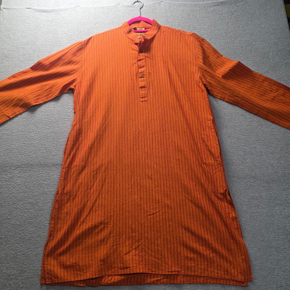 Kurta Tunic Top Long Sleeve Womens XL Orange Striped Mandarin Collar Boho